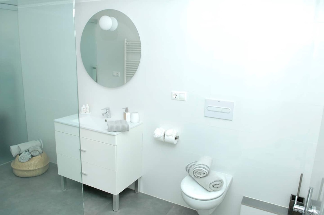 Ruime, strakke badkamer met enkele wastafel, inloopdouche en hygiënedouche